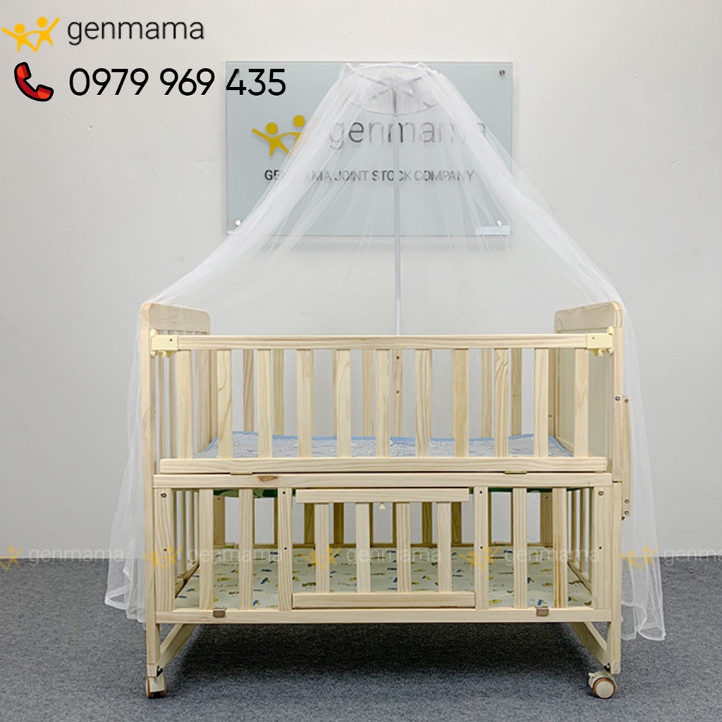 Cũi nôi gỗ trẻ em 2 tầng đa năng GENMAMA (tặng màn), nôi cũi cho bé thông minh 6 chế độ (bảo hành 24 tháng) có bánh xe