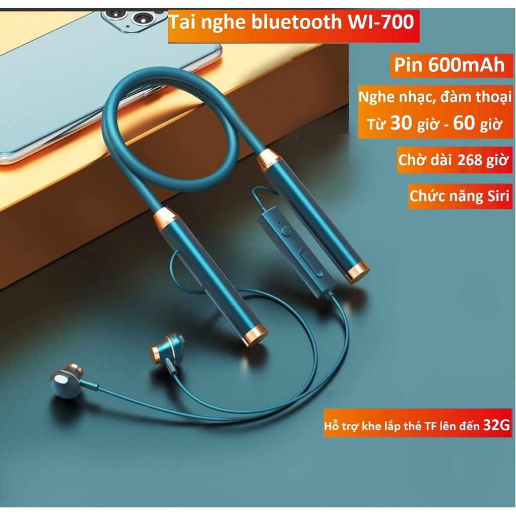 Tai nghe bluetooth thể thao quàng cổ WI-700 Pin kép 600mAh nghe nhạc,đàm thoại từ 30 đến 60 giờ, hỗ trợ khe cắm thẻ nhớ.