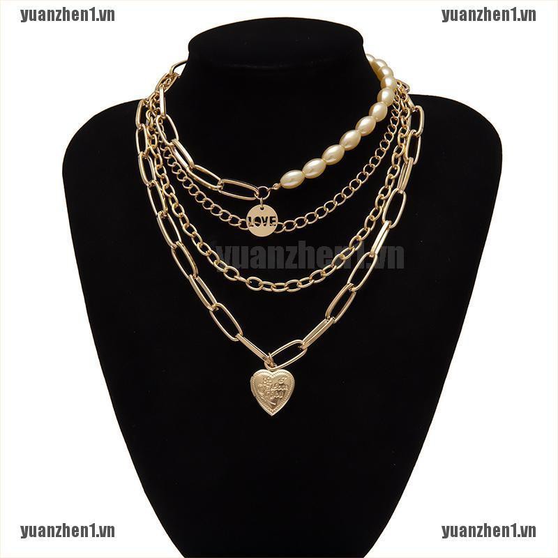 【YUANZHEN1】Pearl Hip Hop Love Heart Photo Locket Pendant Necklace Punk Layered