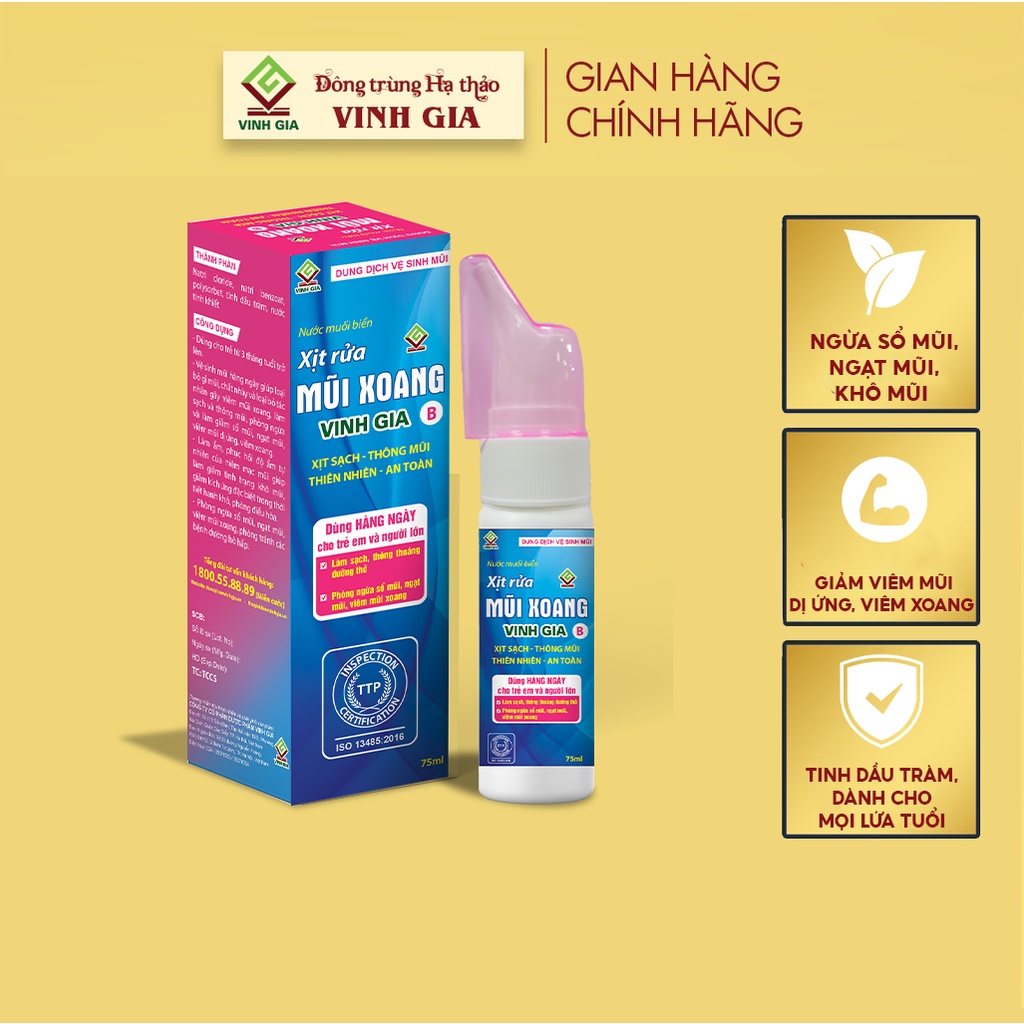 Xịt Rửa Mũi Xoang VINH GIA B Chứa Tinh Dầu Tràm, Giảm Dị Ứng, Nghẹt Mũi, Dùng Cho Trẻ Em & Người Lớn 75ml