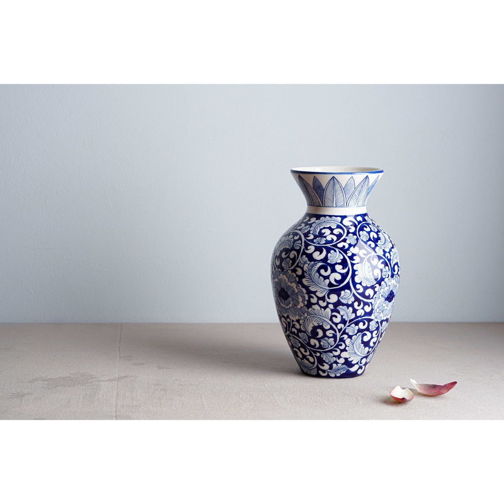 Bình hoa men trắng vẽ hoa phù dung dáng cao, cổ thắt, gốm Bát Tràng