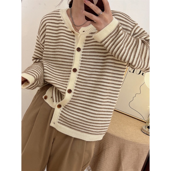 Áo len cardigan NZN tay dài cổ tròn họa tiết kẻ sọc phong cách Hàn Quốc thời trang mùa thu cho nữ