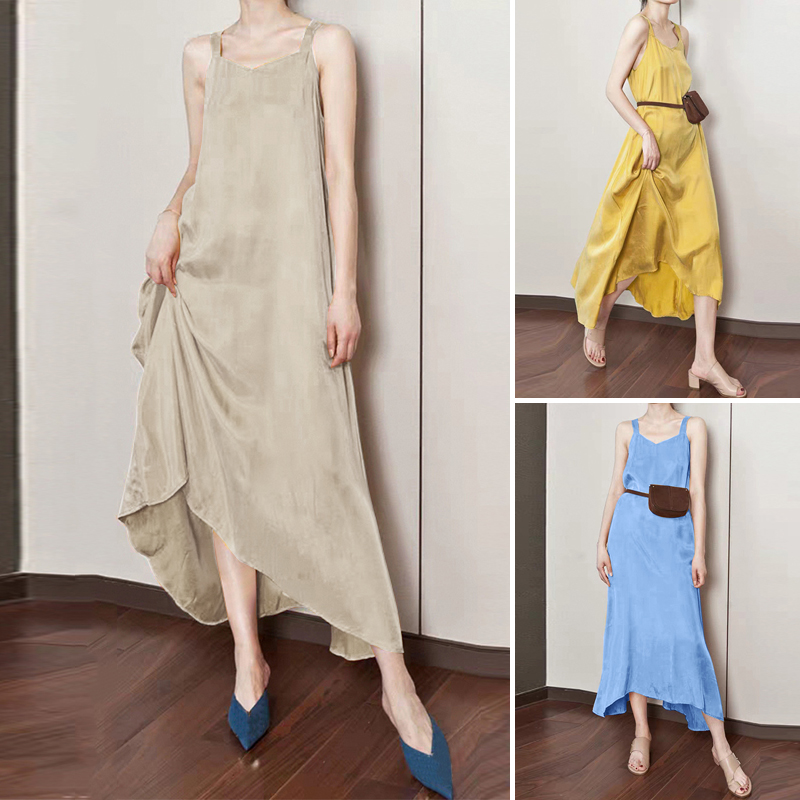 Đầm Dài ZANZEA Dáng Rộng Không Tay Cổ Chữ V Vải Cotton Màu Trơn Cho Nữ | BigBuy360 - bigbuy360.vn