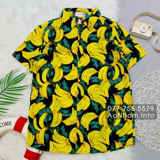 Áo Sơ Mi Đi Biển - Chuối Vàng Trắng Đen - Đủ Size Nam Nữ, Hoạ Tiết Hoa Lá Trái Cây Hawaii #AB001