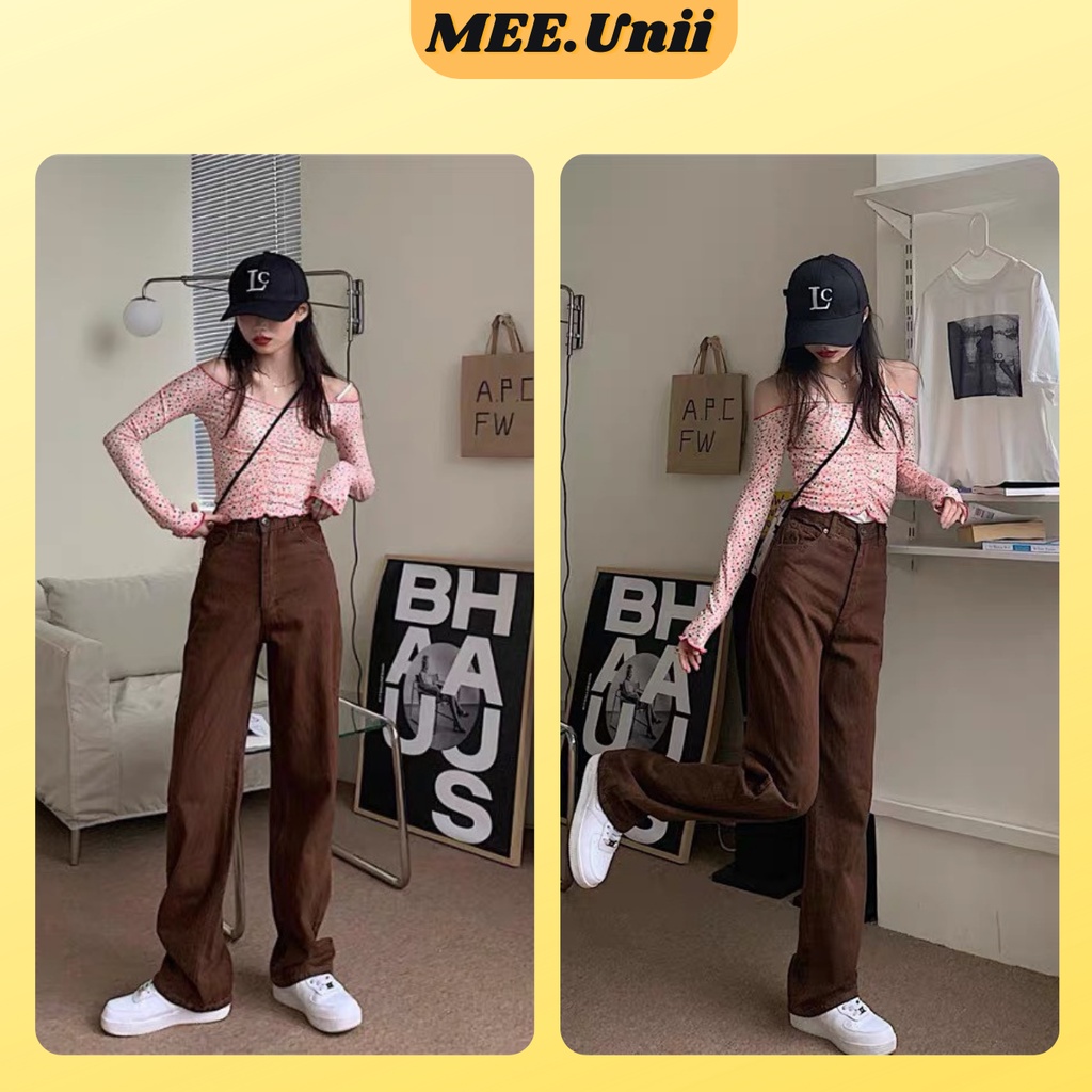 Quần jean  kaki suông ống rộng MEE.Unii cạp cao màu nâu, quần bò baggy ống suông chân dài