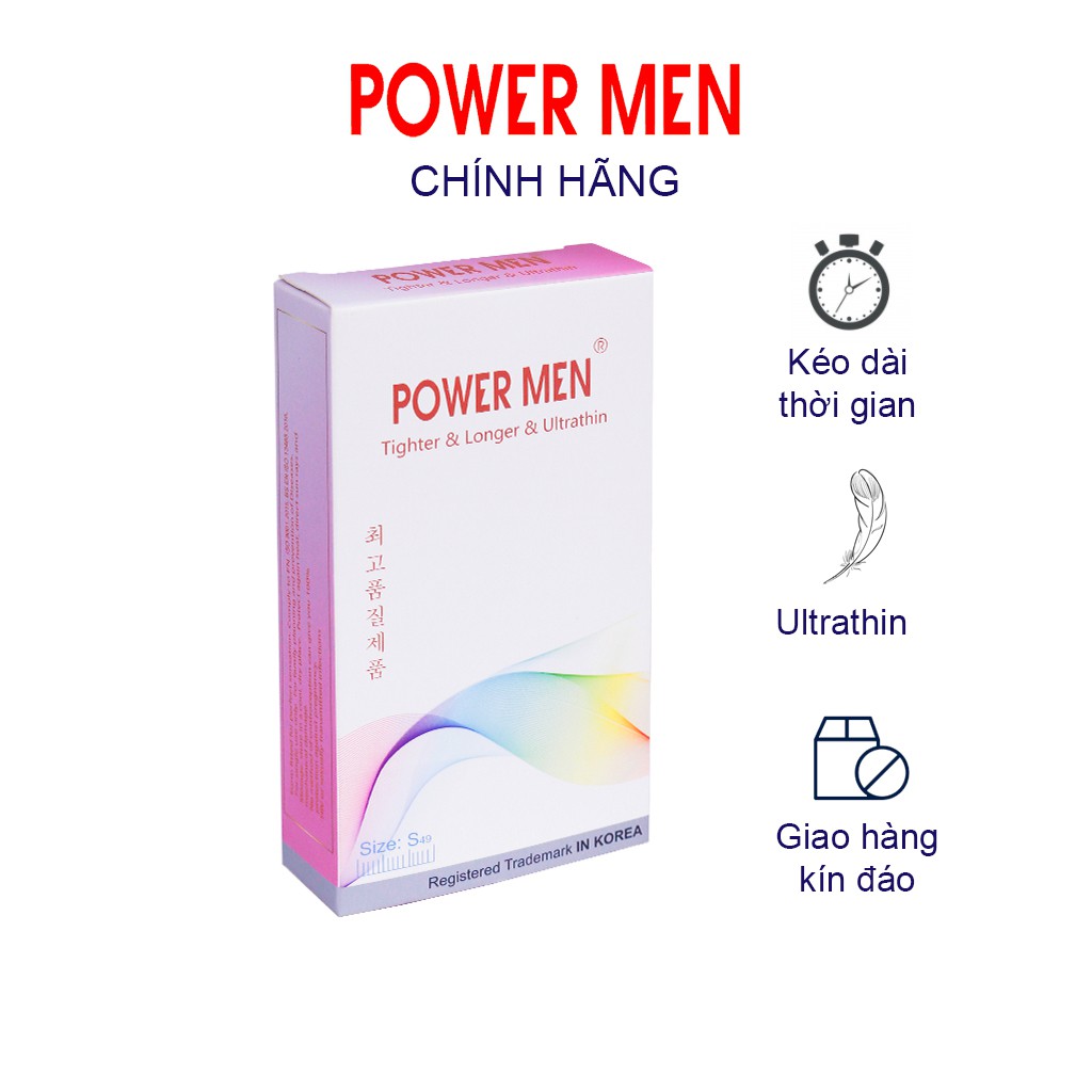 Bao cao su Powermen Tighter & Longer & Ultrathin Ôm sát, Siêu mỏng, Kéo dài Power men size nhỏ Hộp 12 chiếc (TSU12)