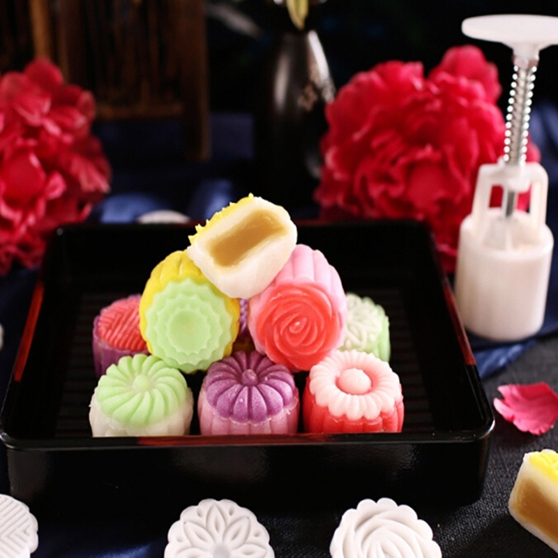 Set khuôn cắt ép làm bánh trung thu cookie bánh đậu xanh họa tiết hoa 3D 50g DIY bằng nhựa
