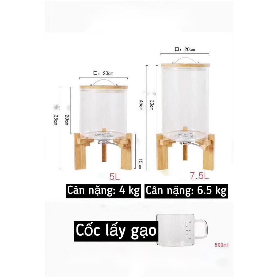 Bình đựng gạo kèm cốc đong ☘�FREE SHIP☘ Bình thủy tinh đựng gạo, hạt có chân gỗ, vòi vặn và kèm cốc đong