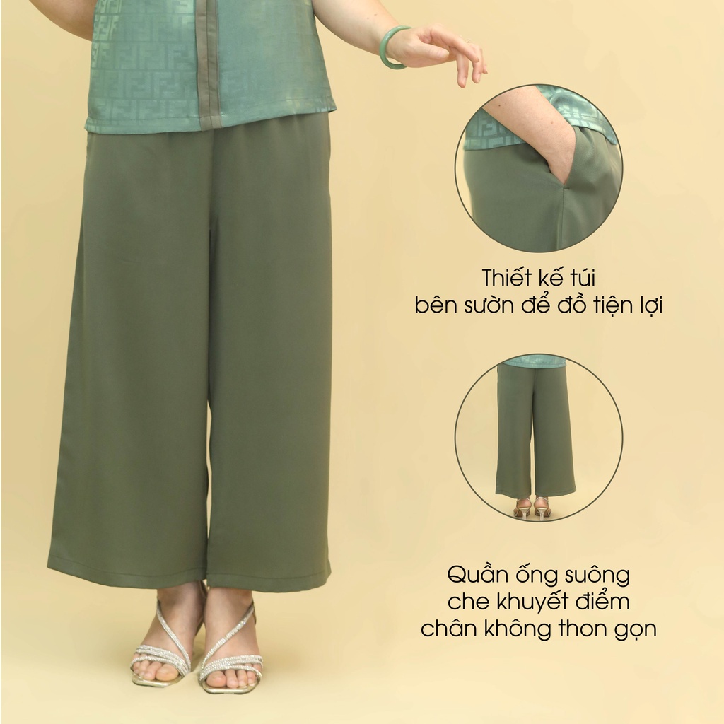 Đồ Bộ Trung Niên Nữ Lụa Họa Tiết Cao Cấp ANCHI B30 Xanh Rêu, Set Đồ Mặc Nhà Quà Tặng Cho Mẹ