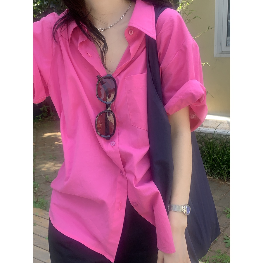 Mua (HÀNG SẴN) Áo sơ mi nữ cổ bẻ cộc tay màu hồng đậm form rộng style Hàn  Quốc đơn giản giá rẻ nhất | TecKi.Vn