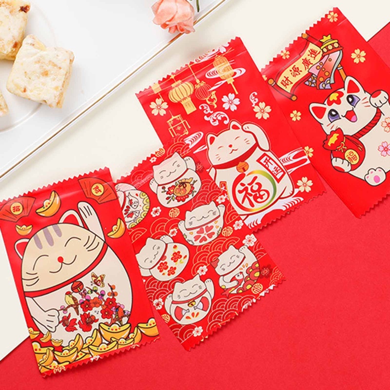 100 Túi đựng bánh quy in hình mèo may mắn phong cách Trung Hoa