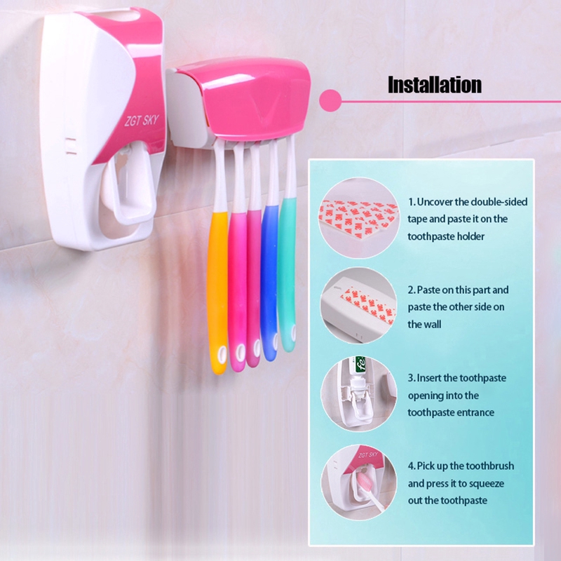 Dụng cụ lấy kem đánh răng tự động + 5 giá treo bàn chải đánh răng