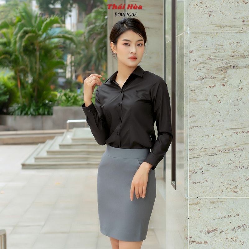 Áo sơ mi đen nữ tay dài công sở kiểu đẹp bigsize cotton mềm min Thái Hoà 047-15-01
