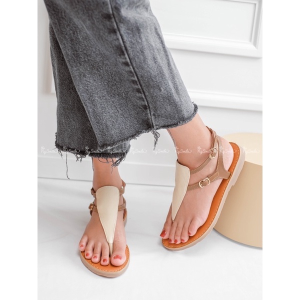 Giày sandal da bò đế bệt quai ngang - Thenysmile - Bato