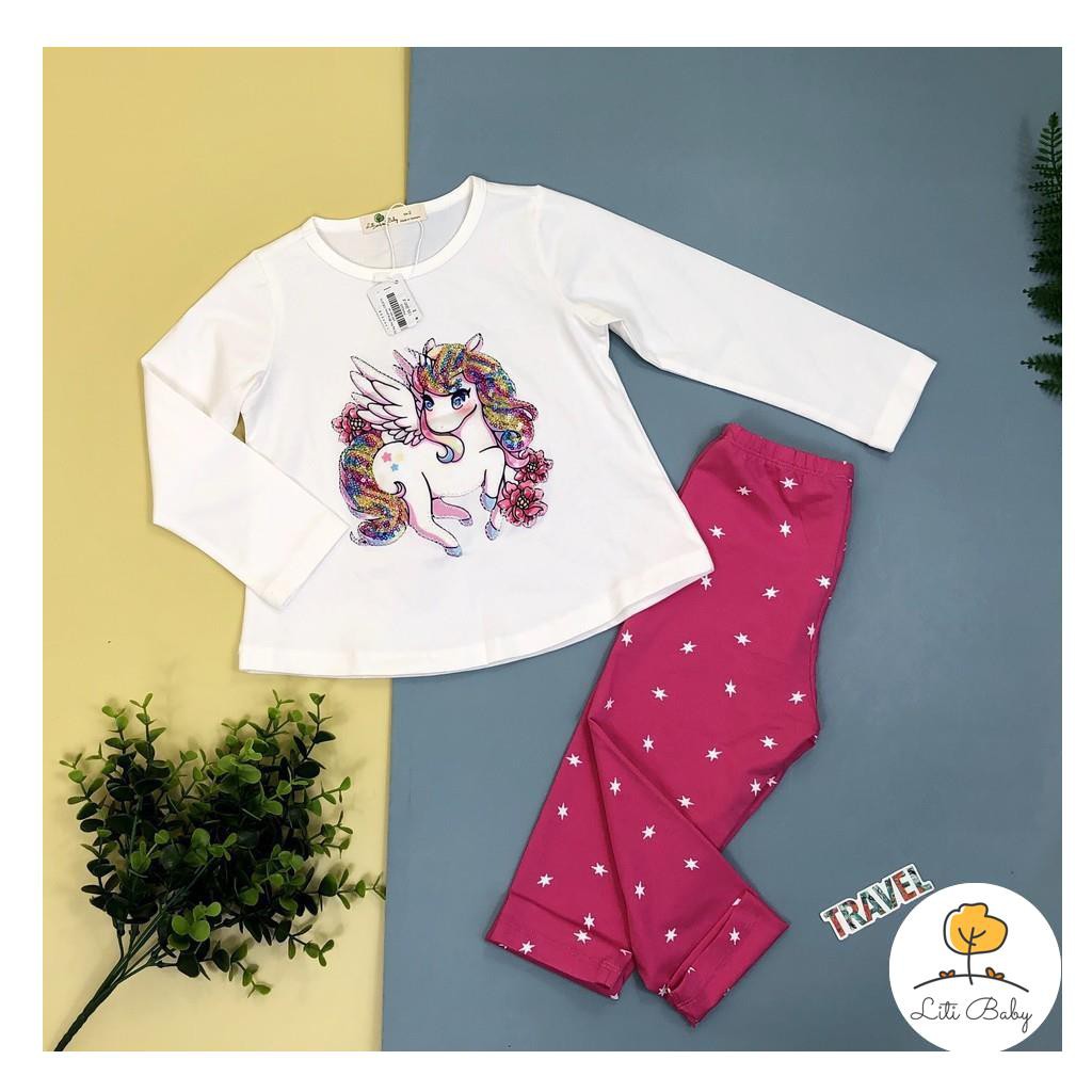 Bộ cotton thu đông đính hình Pony bông hoa viền kim sa dài tay bé gái size 2-8T, cho bạn từ 11-25kg. Chất cotton dày dặn