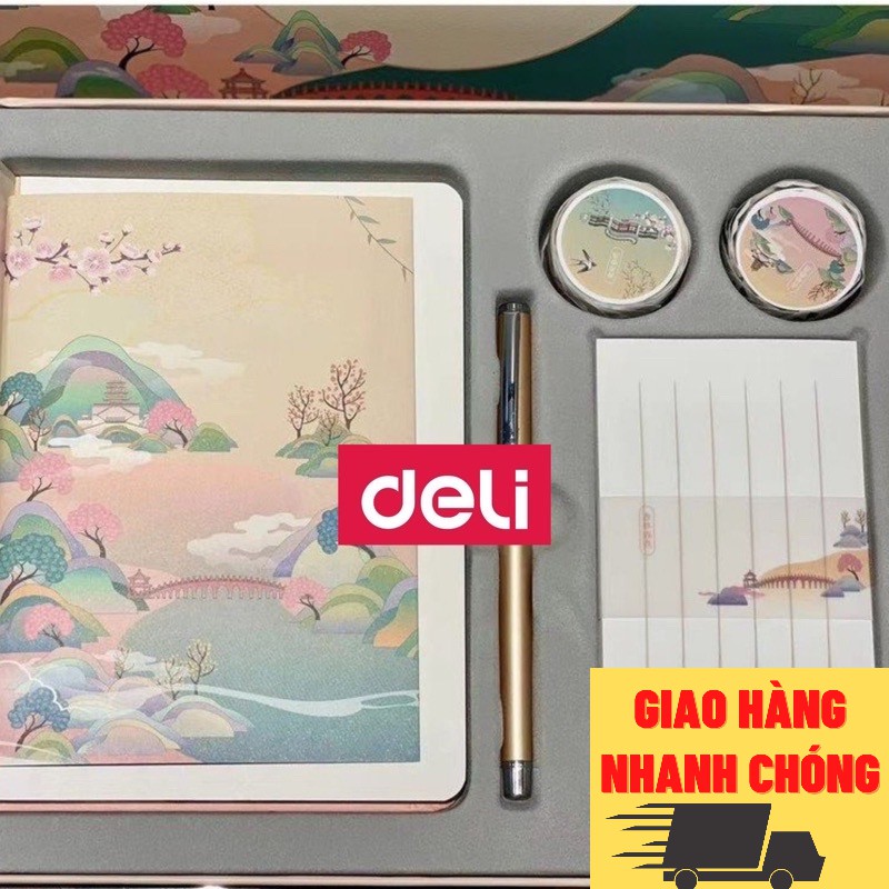 Bộ quà tặng sổ viết, bút máy Deli họa tiết Trung Hoa