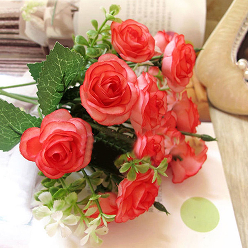 Bó hoa hồng nhân tạo 15 đầu sống động trang trí tiệc cưới / giáng sinh