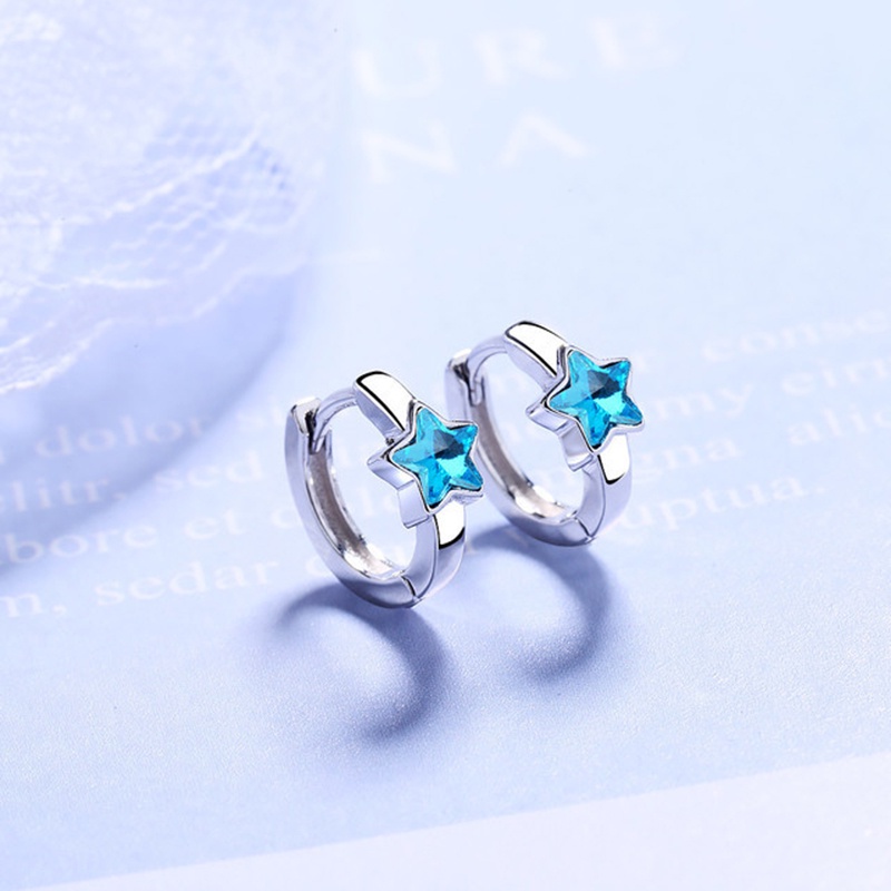Khuyên tai tròn đính đá zircon hình ngôi sao nhỏ màu xanh dương bằng bạc sterling cho bé gái trẻ em gái