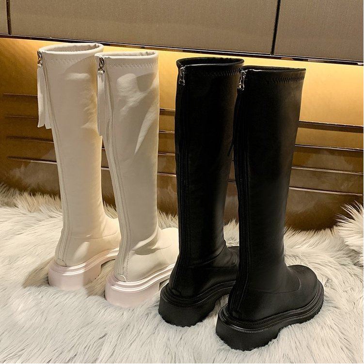 Bốt đùi cao cổ WOMENSTORY lót nỉ giày Boots nữ da PU mềm đế răng cưa 5 cm boot khóa sau thời trang mùa đông 110