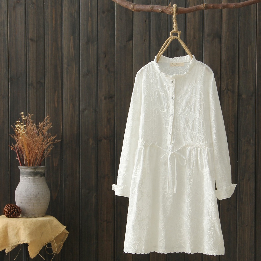 Đầm Cotton Trắng Dài Tay Phối Ren Dáng Rộng Phong Cách Mori Cho Nữ