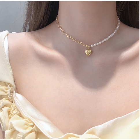 Vòng Cổ Choker Mặt Trái Tim Đính Ngọc Trai Thời Trang Cho Nữ