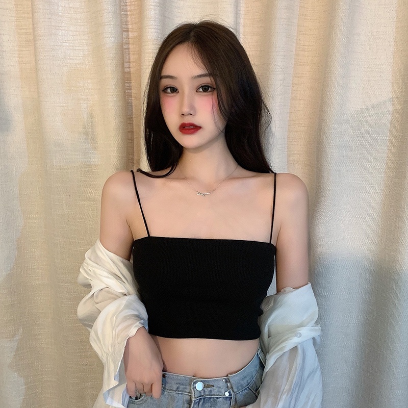 Áo thun ôm 2 dây màu trơn phong cách Hàn Quốc Áo ngang ngực Croptop cotton 1 lớp thun ống ôm body dây sợi bún