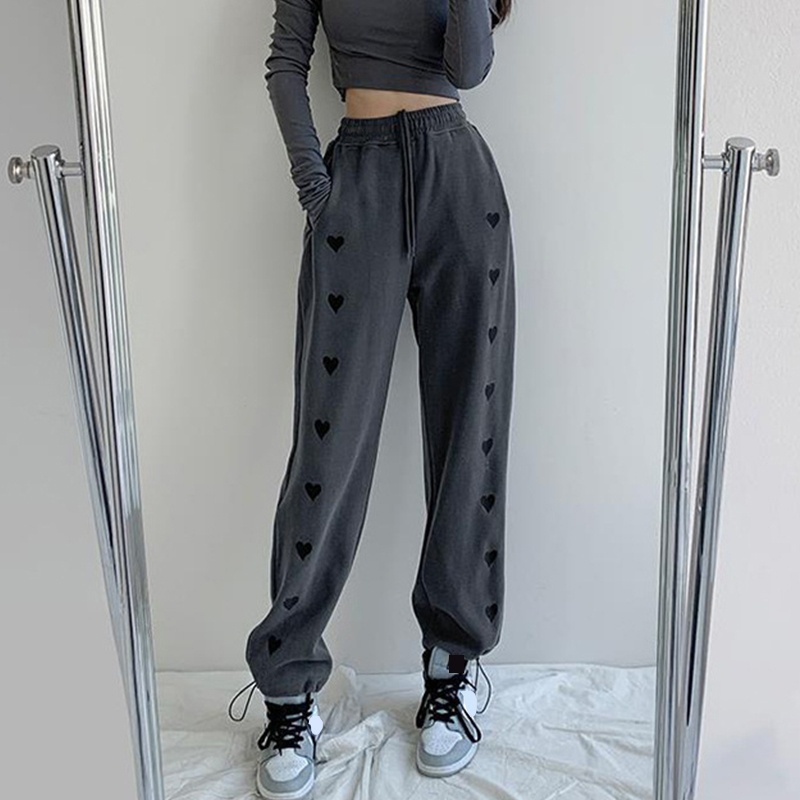 Quần Jogger Ống Rộng Lưng Cao Thêu Họa Tiết Trái Tim Xinh Xắn Cho Nữ
