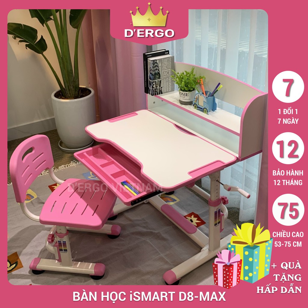 {Chính hãng D'Ergo} Bộ bàn ghế học chống gù, chống cận iSmart D8-Pro - Phiên bản 2021