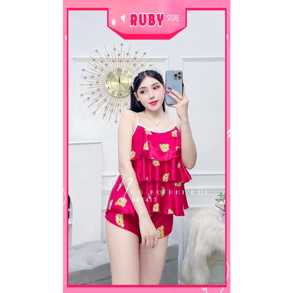 Đồ bộ ngủ sexy cho nữ mặc nhà chất phi bóng mềm mát in hình gấu hoạt hình dễ thương BPT417