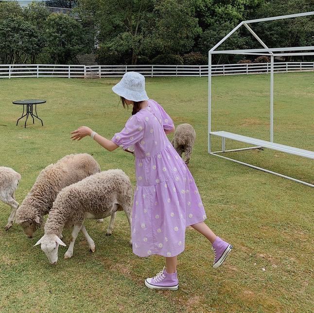 Đầm Suông Tay Phồng Họa Tiết Hoa Cúc Trẻ Trung Thanh Lịch Dành Cho Nữ đầm bầu váy nữ váy bé gái váy dài chân váy dài váy nữ chân váy dài