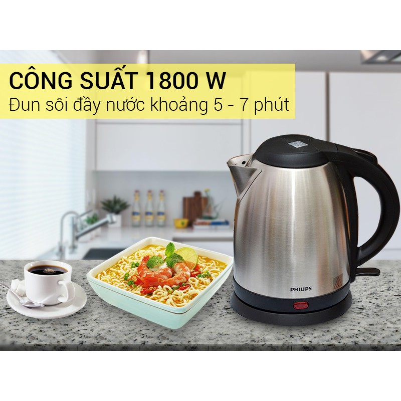 Bình siêu tốc Philips 1.5 lít HD9306, Inox 304 an toàn sức khỏe, công suất 1800W