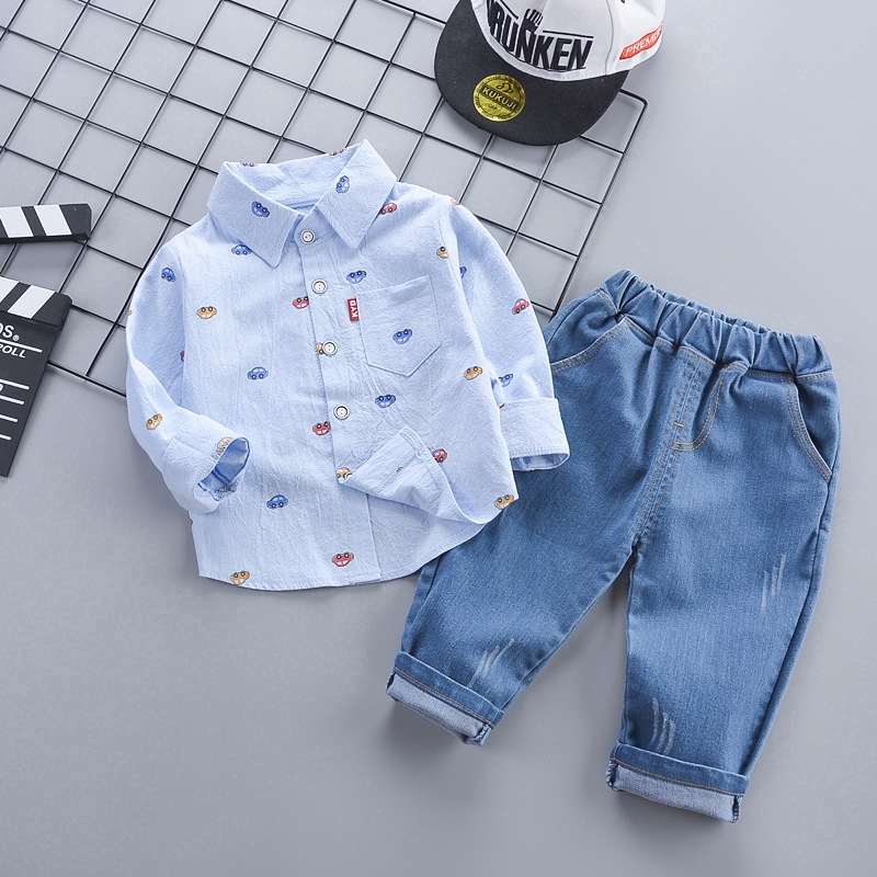 Spring new style 0-5 years old male cotton baby fashion long-sleeved shirt collar + children's jeans two-piece Korean children's clothing authentic