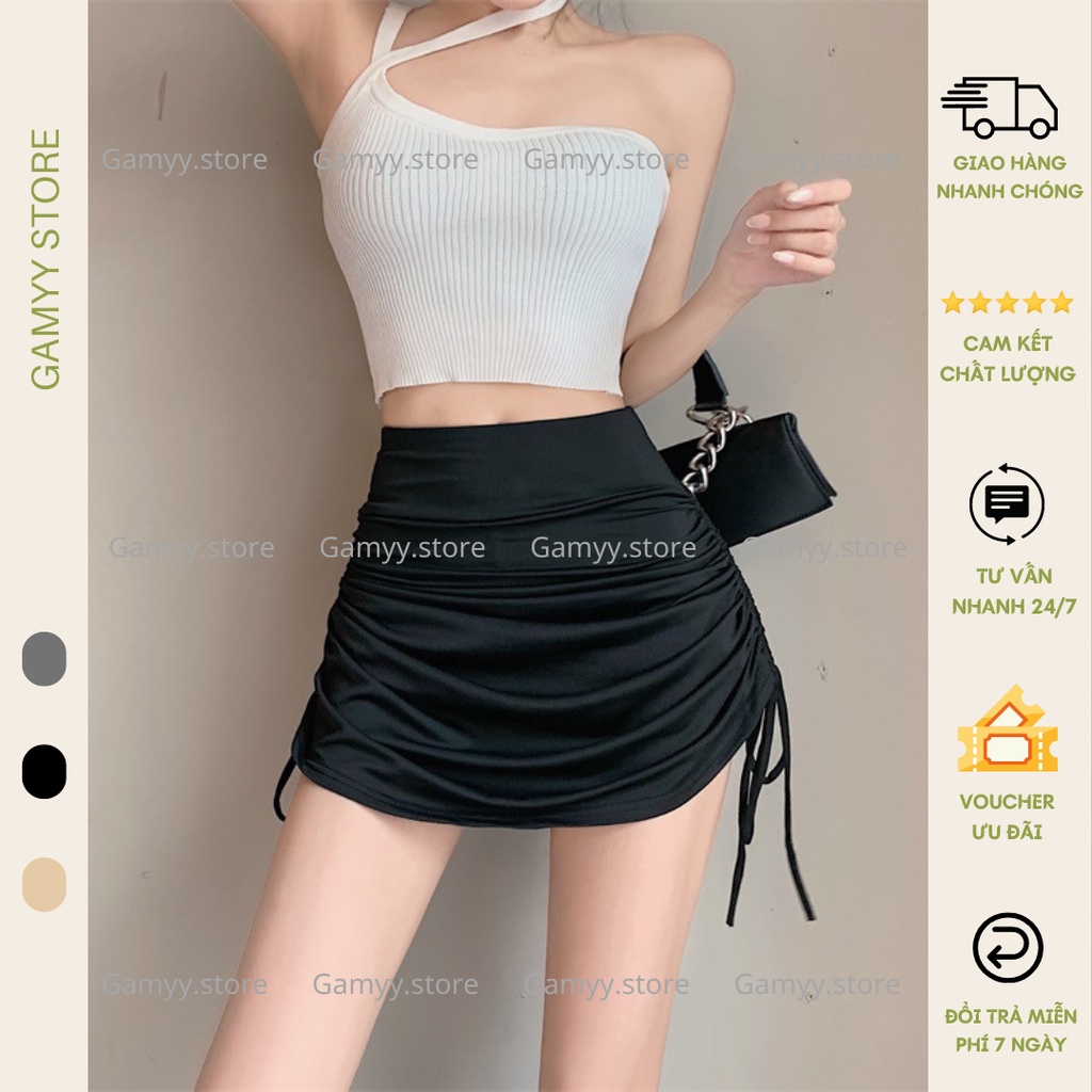 Chân váy ngắn Gamyy cao cấp cạp cao rút dây có quần bên trong