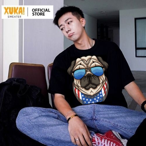 Áo thun tay lỡ XUKA cotton co dãn 4 chiều dáng unisex form châu á in hình Pug Đeo Kính Đen