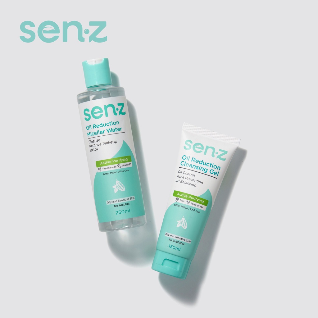 Bộ Đôi Tẩy Trang + Sữa Rửa Mặt Khổ Qua SENZ Oil Reduction Micellar Water &amp; Cleansing Gel Cho Da Dầu 250ml + 150ml
