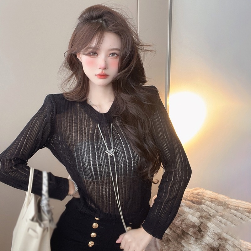 Áo Sweater Dệt Kim Mỏng Tay Dài Dáng Rộng Thiết Kế Khoét Rỗng Thời Trang Cho Nữ