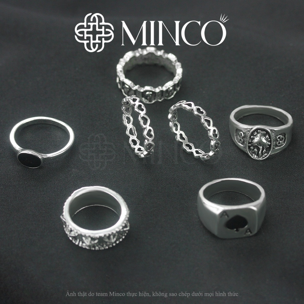 Set 7 Nhẫn nam màu bạc Minco Accessories phong cách Hip hop cá tính Ngầu Đẹp Chất Liệu Titan Không Gỉ NT02