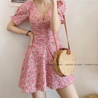 Đầm hoa dáng xoè nhúm eo 3 màu