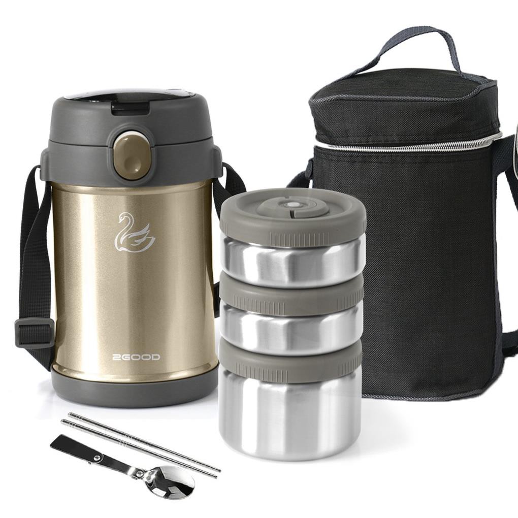 Bộ hộp cơm giữ nhiệt 2GOOD Màu Vàng  - Kèm Muỗng và Đũa Inox 304