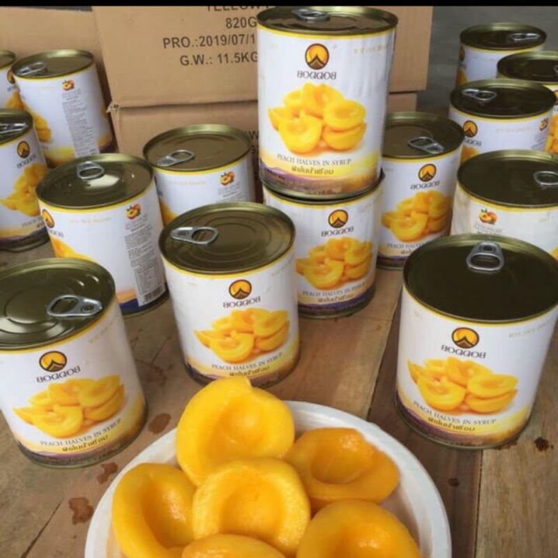 Trái Đào ngâm nước đường Boddob Thái lon 820g. Yellow Peach Halves in syrup. Nguyên liệu trà đào, trà sữa, bánh kem