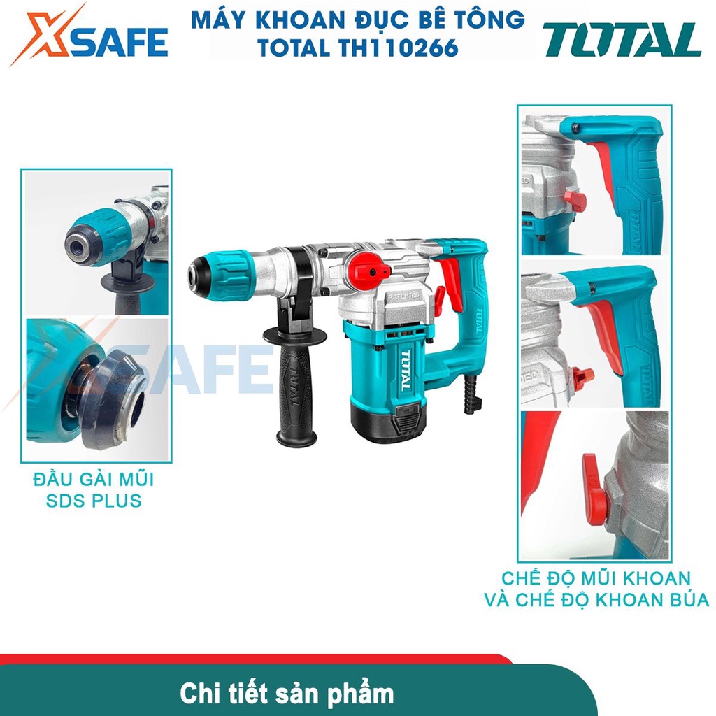 Máy khoan đục bê tông TOTAL TH110266 1050W, đầu gài mũi SDS plus, kèm 3 mũi khoan 2 mũi đục [CHÍNH HÃNG][XSAFE]