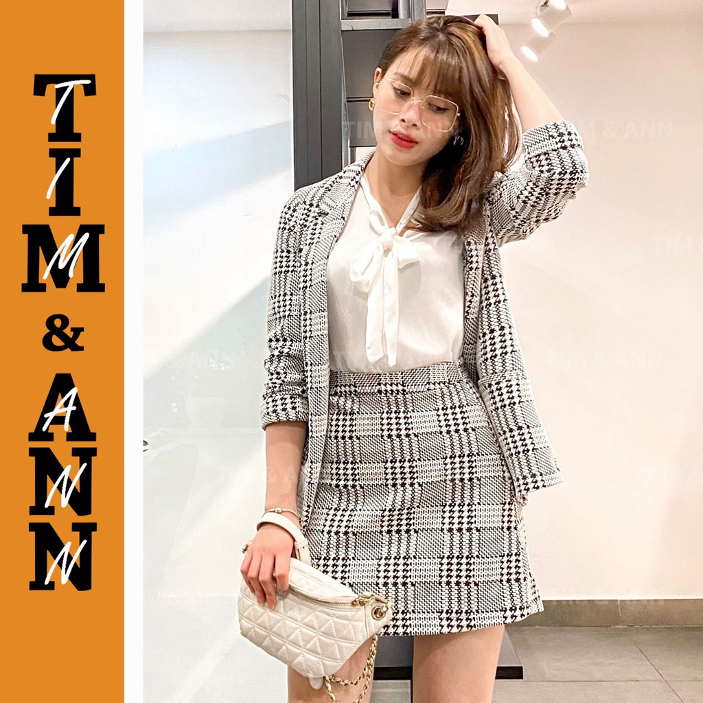 Áo Blazer 1 Lớp Nữ - Áo Vest Nữ Suông Caro Trắng Đen 0401BW  - Áo Khoác Nữ - Thời Trang Nữ Tim & Ann
