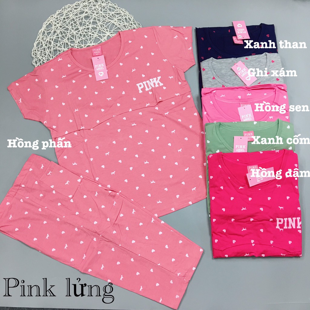 Đồ bộ bầu sau sinh Lửng Pink Xuân Hè, chất cotton mềm mát, thiết kế vén ngực cho con bú thuận tiện cho bà bầu