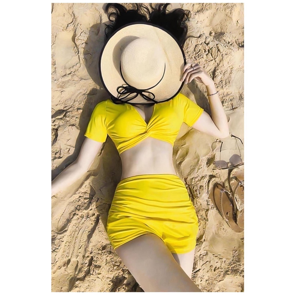 Đồ bơi nữ kín đáo bikini 2 mảnh áo croptop tay ngắn xoắn ngực nhiều màu phối quần lưng cao che khuyết điểm