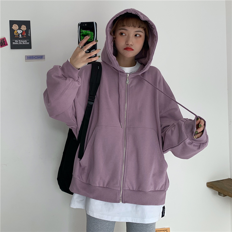 Áo hoodie màu trơn phối khóa kéo phong cách cá tính cho nữ