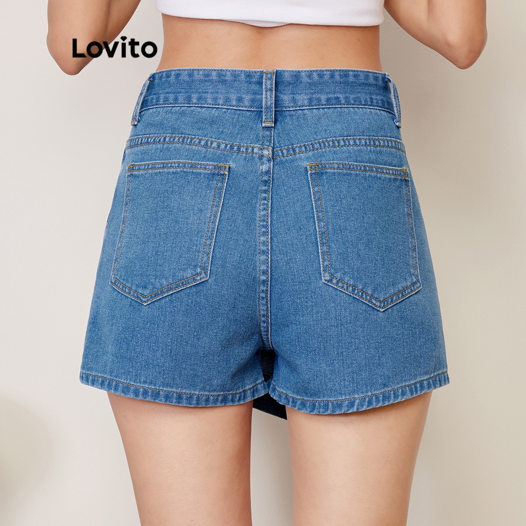Quần denim Lovito đa năng thiết kế chồng chéo màu trơn phong cách thường ngày L27AD075 (màu xanh dương)