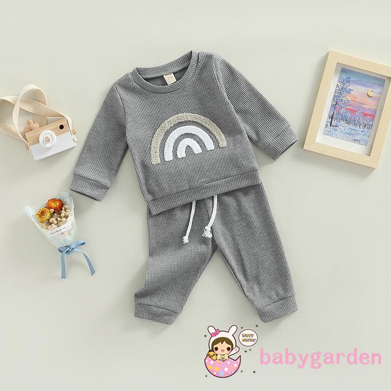 Bộ Áo Thun Tay Dài Cổ Tròn + Quần Dài Họa Tiết Cầu Vồng Dành Cho Bé 0-24 Tháng Tuổi
