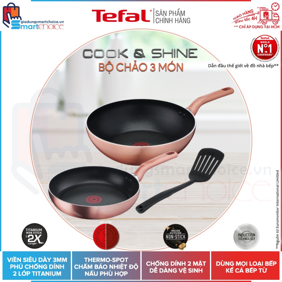 Bộ chảo Tefal Cook & Shine 3 món (Chảo 24cm/Chảo xào 28cm/Sạn), Viền siêu dày 3mm, phủ chống dính Titanium dùng bếp từ