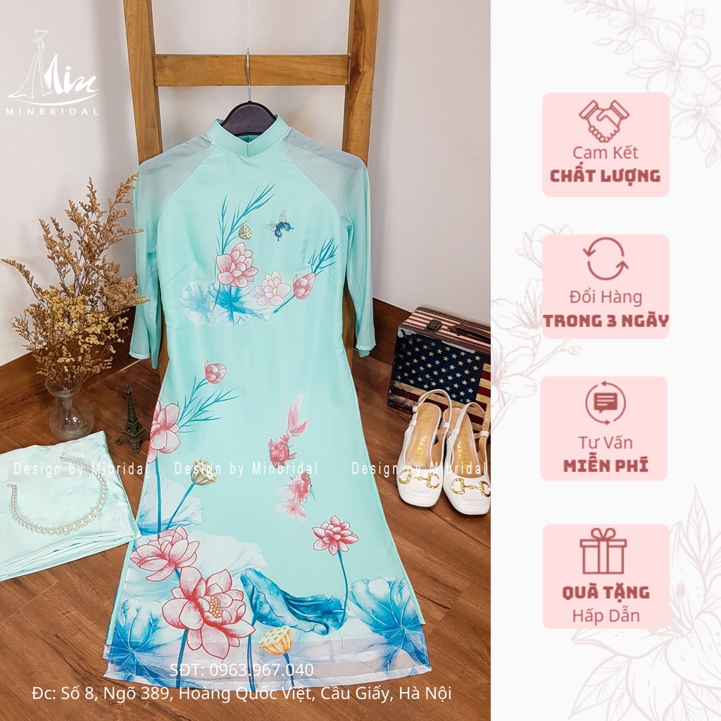 Áo dài tết màu xanh nhạt, 4 tà cổ vuông 2cm chất liệu voan tơ óng in hoa văn