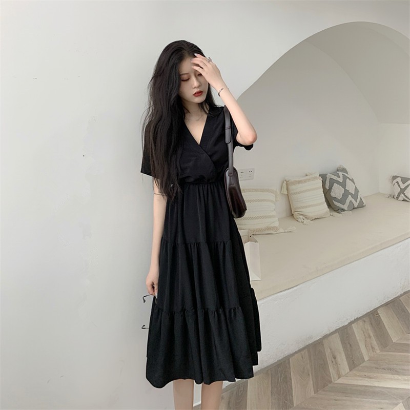 [Thanh Lý] Đầm Bigsize Đen Trơn Cổ V Dáng Xòe